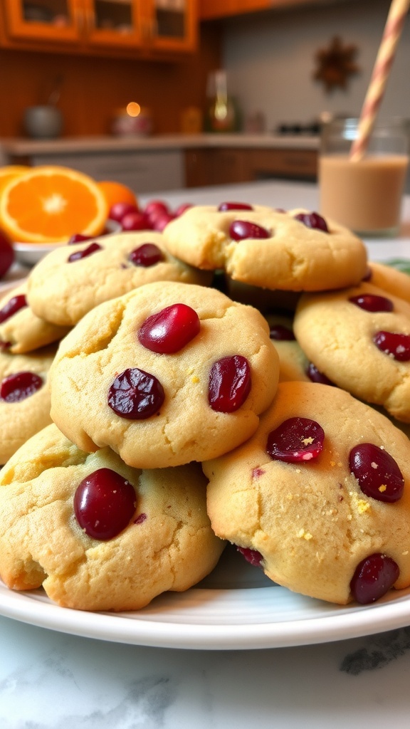A plate of cranberry orange cookies with cranberries and orange zest, set in a cozy kitchen.